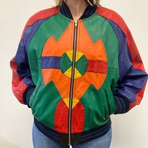 Vintage 1980s Winlet Leather Jacket Southwestern Geometric Color Block Size S/M